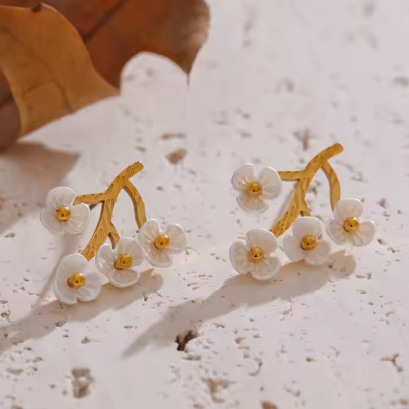 Delicate Cherry Blossom Gold Statement Earrings - Picture 13 of 17
